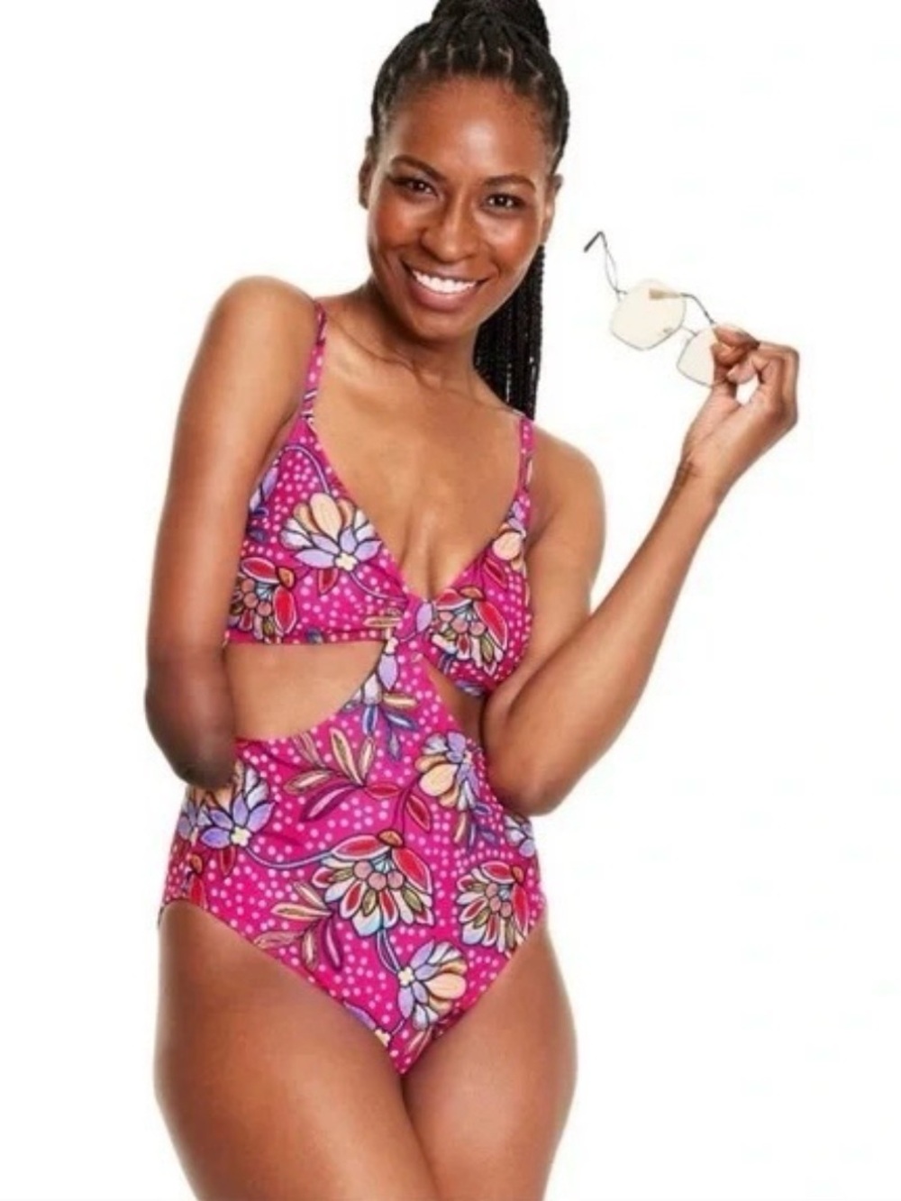 NEW! Tabitha Brown Pink Floral Print Front Cutout One Piece Swim Suit Size Small